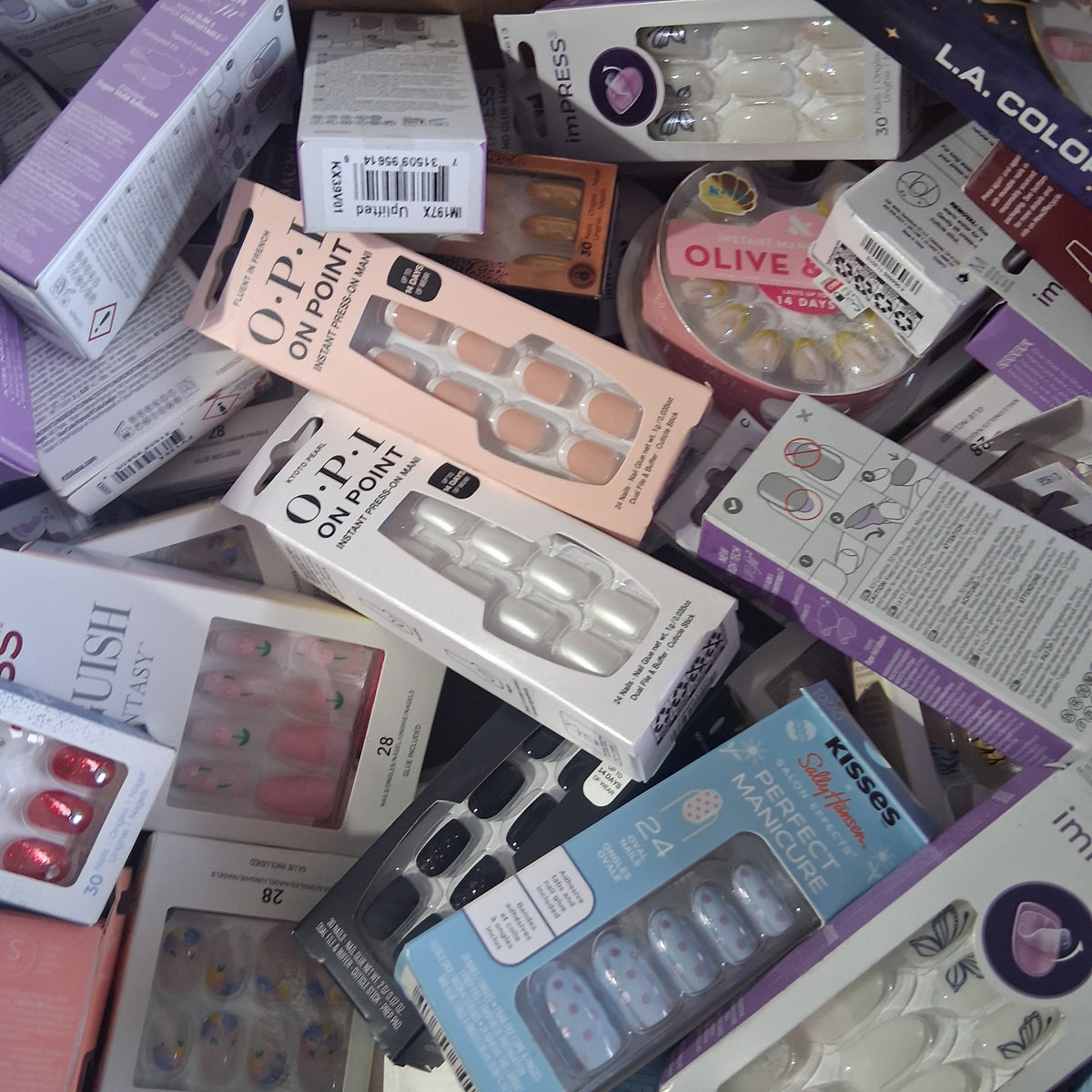 KISS, imPRESS, OPI, Sally Hansen & Olive and June Press-On Nails Mix Lot | Premium Brand False Nails Reseller Assortment (81 Pcs)