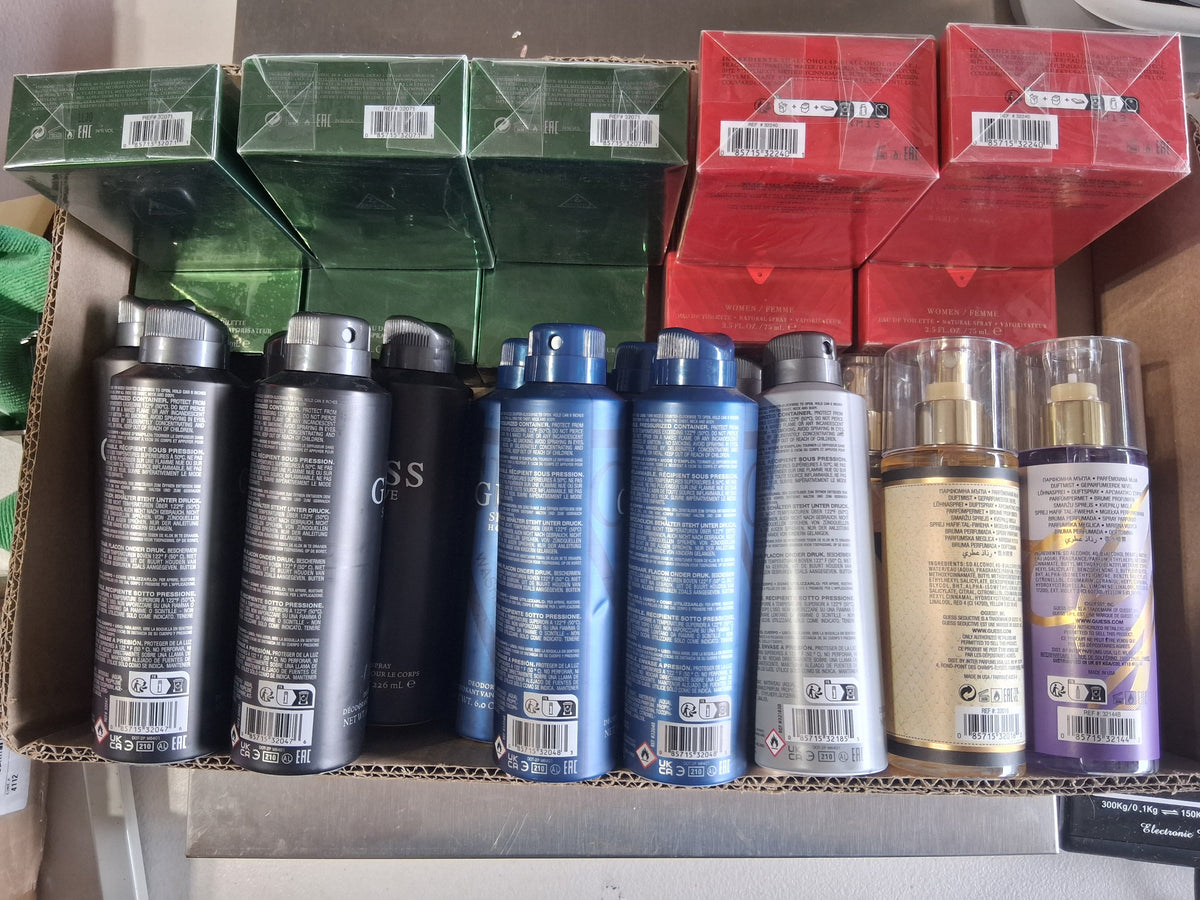 Guess Fragrance Body Spray & Mist Mix Lot | Guess Man & Guess Seductive Red Bulk Reseller Box (26 Pcs)
