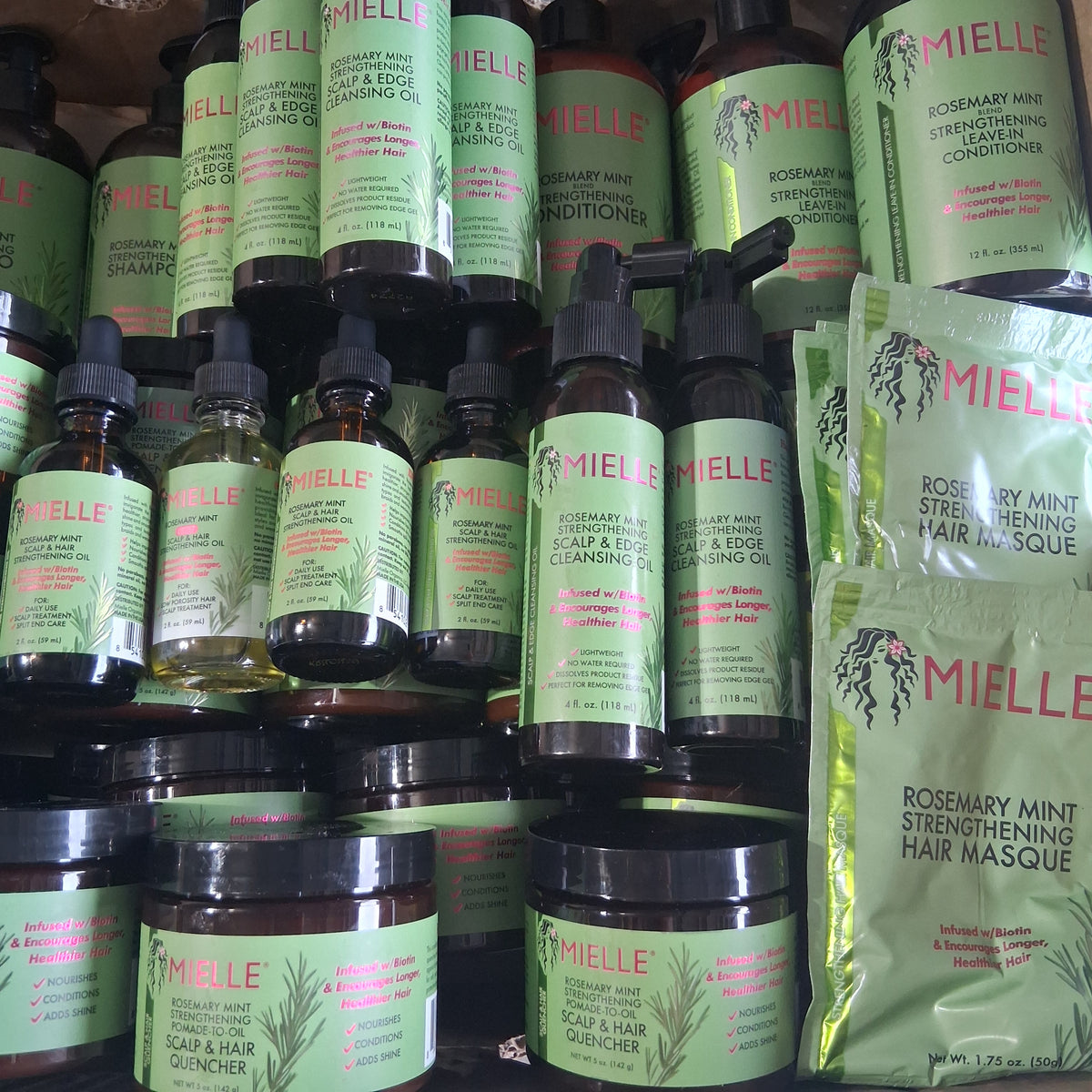 Mielle Rosemary Mint Premium Hair Care Mix Lot | Strengthening Oil, Leave-In, Mask, Shampoo & Conditioner Reseller Bundle (70 Pcs)
