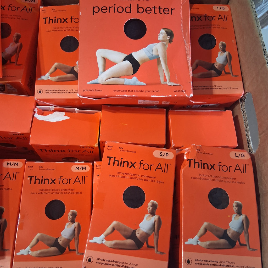 Thinx for All Period & Bladder Leak Underwear Bulk Reseller Lot | Eco-Friendly Care Box – Assorted Sizes (35 Pcs, Some Damaged Boxes)