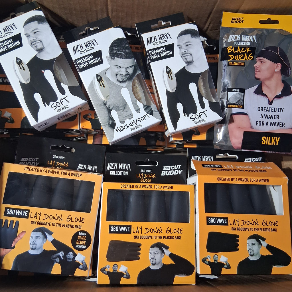 The Cut Buddy x Nick Wavy Collection Barber & Wave Mix Lot | Premium Wave Brush, Lay Down Gloves & Durags Bulk Reseller Box (23 Pcs)