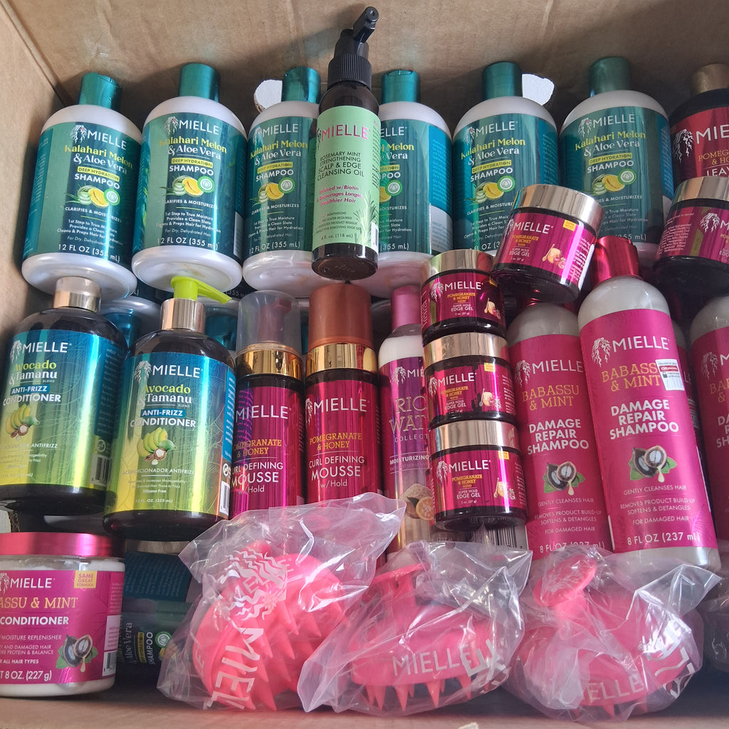 Mielle Organics Premium Hair Care Variety Mix Lot | Kalahari Melon, Babassu, Pomegranate & Honey Reseller Box with Scalp Massagers (49 Pcs)