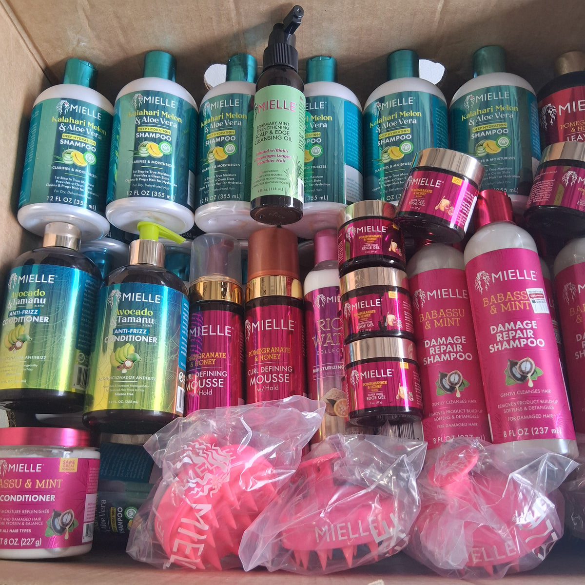 Mielle Organics Premium Hair Care Variety Mix Lot | Kalahari Melon, Babassu, Pomegranate & Honey Reseller Box with Scalp Massagers (49 Pcs)
