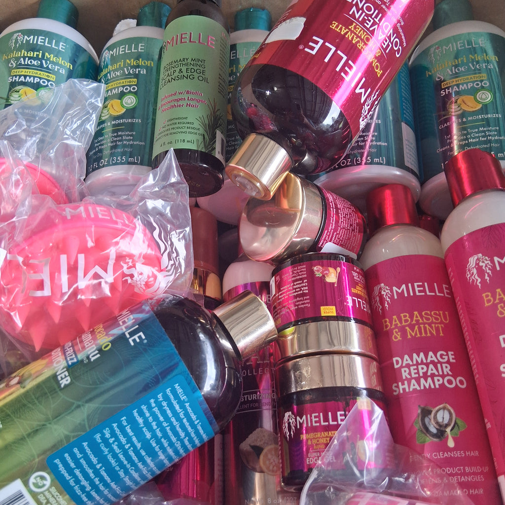 Mielle Organics Premium Hair Care Variety Mix Lot | Kalahari Melon, Babassu, Pomegranate & Honey Reseller Box with Scalp Massagers (49 Pcs)
