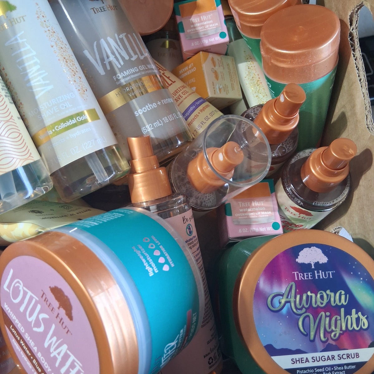 Tree Hut Ultimate Bath & Body Variety Lot | Scrubs, Shave Butter, Gel Washes, Mists & Body Butters Bulk Reseller Box (65 Pcs)