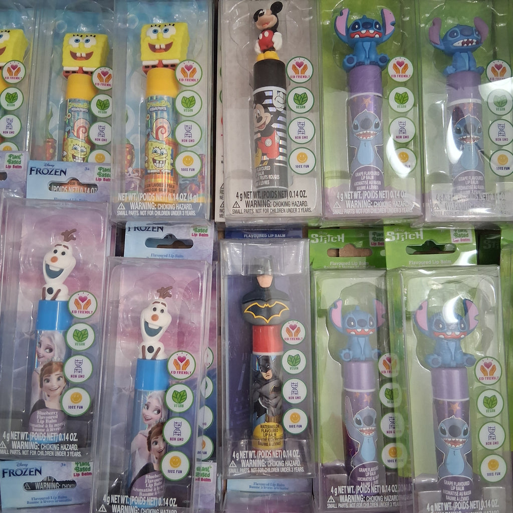 Townley Character Topper Lip Balm Plant Based Mix Lot | Mickey, Olaf, SpongeBob, Stitch & Batman Reseller Box (53 Pcs)
