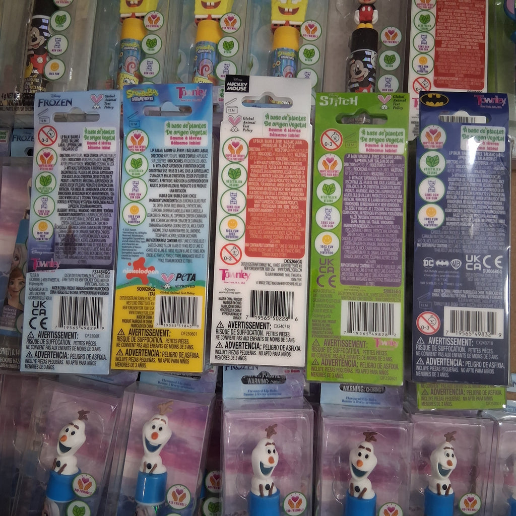Townley Character Topper Lip Balm Plant Based Mix Lot | Mickey, Olaf, SpongeBob, Stitch & Batman Reseller Box (53 Pcs)