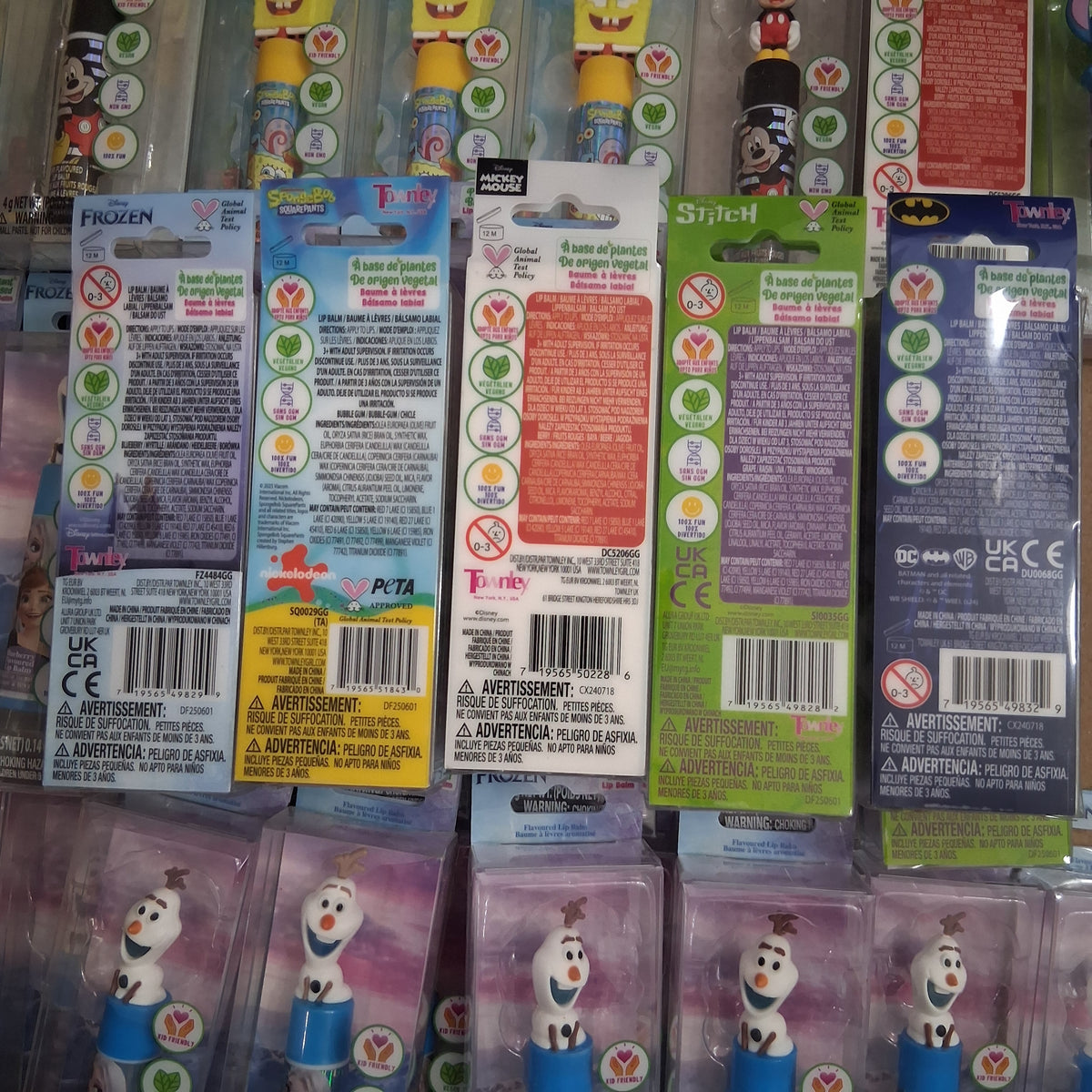 Townley Character Topper Lip Balm Plant Based Mix Lot | Mickey, Olaf, SpongeBob, Stitch & Batman Reseller Box (53 Pcs)
