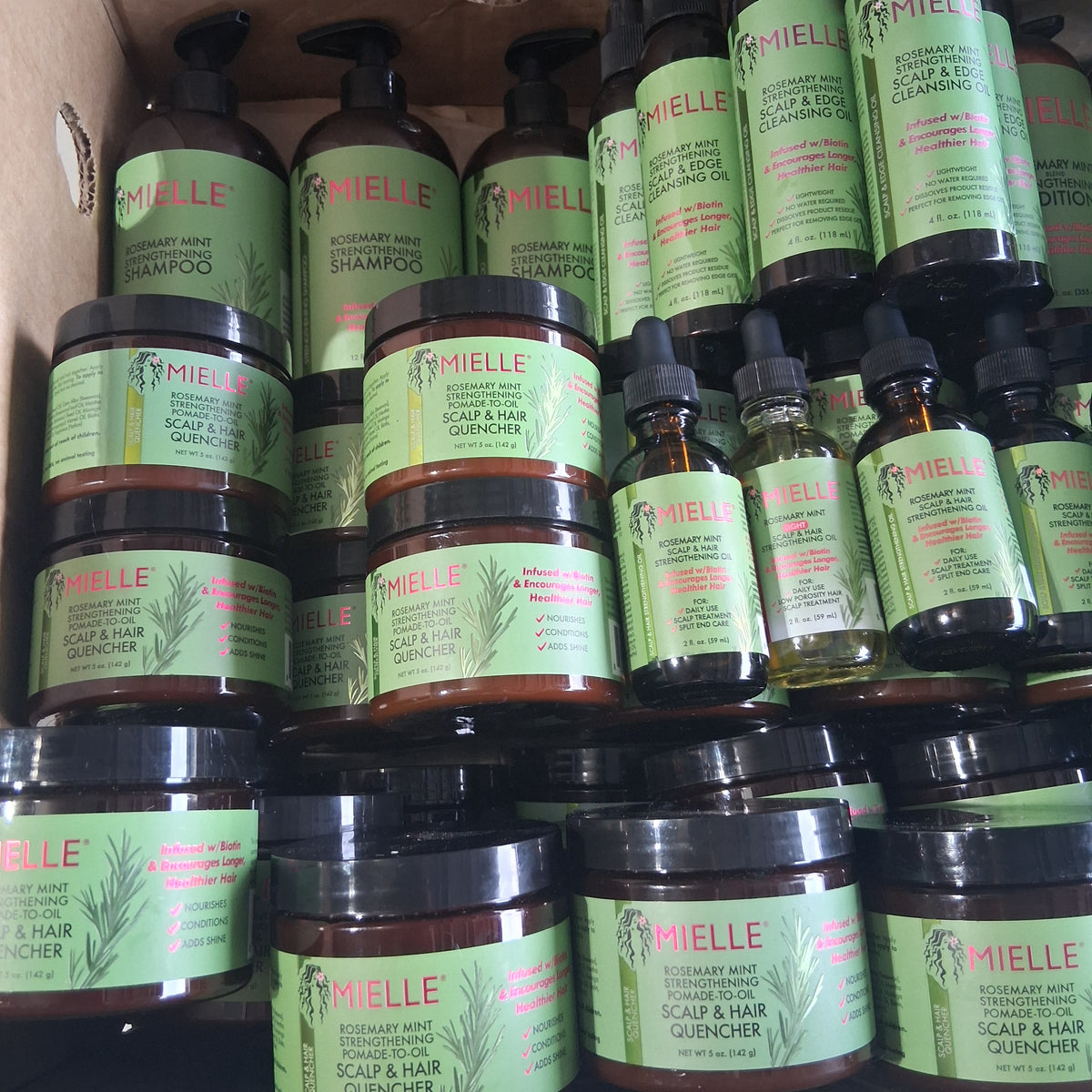 Mielle Rosemary Mint Premium Hair Care Mix Lot | Strengthening Oil, Leave-In, Mask, Shampoo & Conditioner Reseller Bundle (70 Pcs)