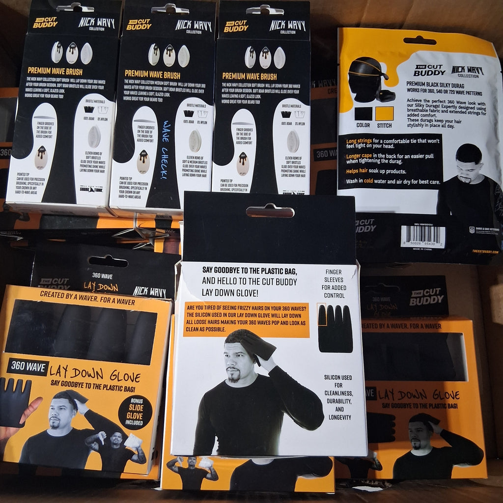 The Cut Buddy x Nick Wavy Collection Barber & Wave Mix Lot | Premium Wave Brush, Lay Down Gloves & Durags Bulk Reseller Box (23 Pcs)