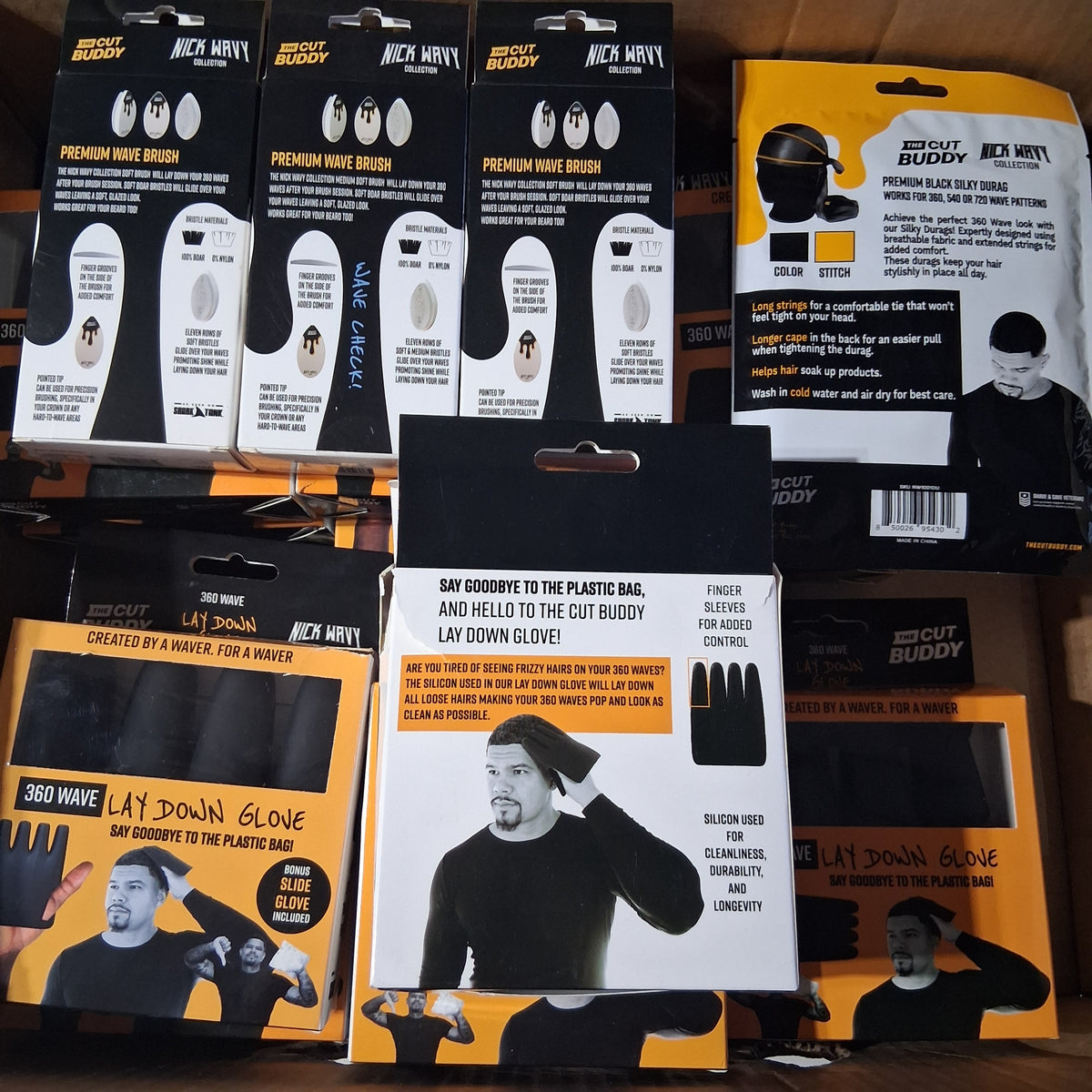 The Cut Buddy x Nick Wavy Collection Barber & Wave Mix Lot | Premium Wave Brush, Lay Down Gloves & Durags Bulk Reseller Box (23 Pcs)