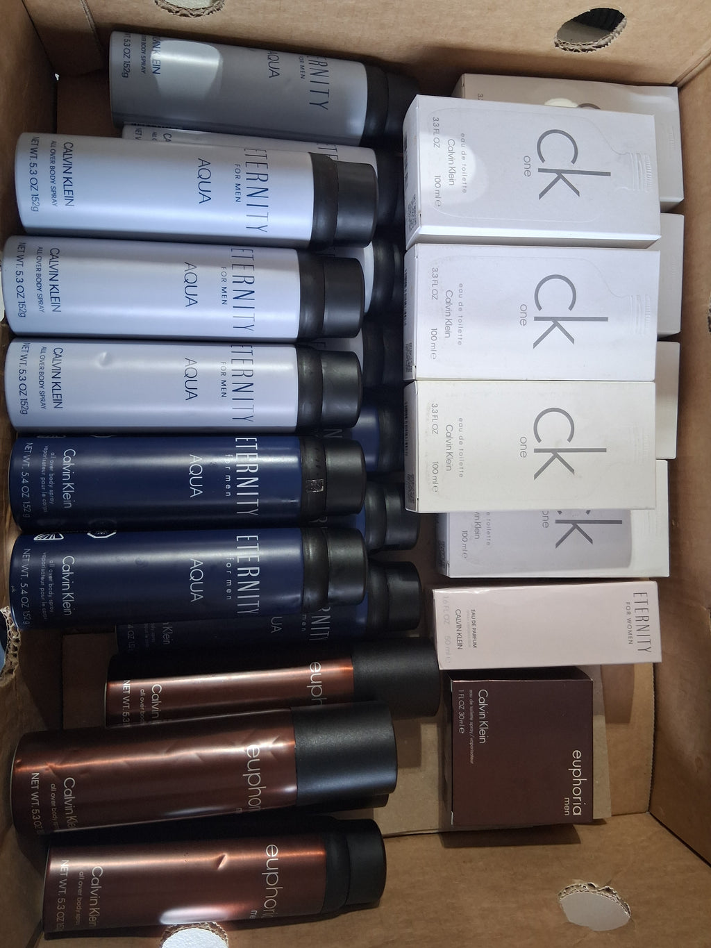 Calvin Klein Premium Cologne & Body Spray Assortment Mix Lot | CK One, Aqua & Euphoria Bulk Reseller Box (25 Pcs)