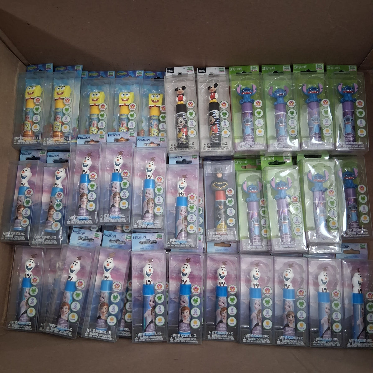 Townley Character Topper Lip Balm Plant Based Mix Lot | Mickey, Olaf, SpongeBob, Stitch & Batman Reseller Box (53 Pcs)