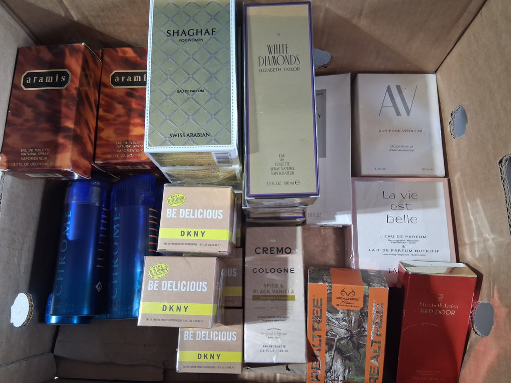 Prestige Fragrance Perfume, Cologne & Body Spray Mix Lot | La Vie Est Belle, Red Door, Cremo, White Diamonds Bulk Reseller Box (32 Pcs)