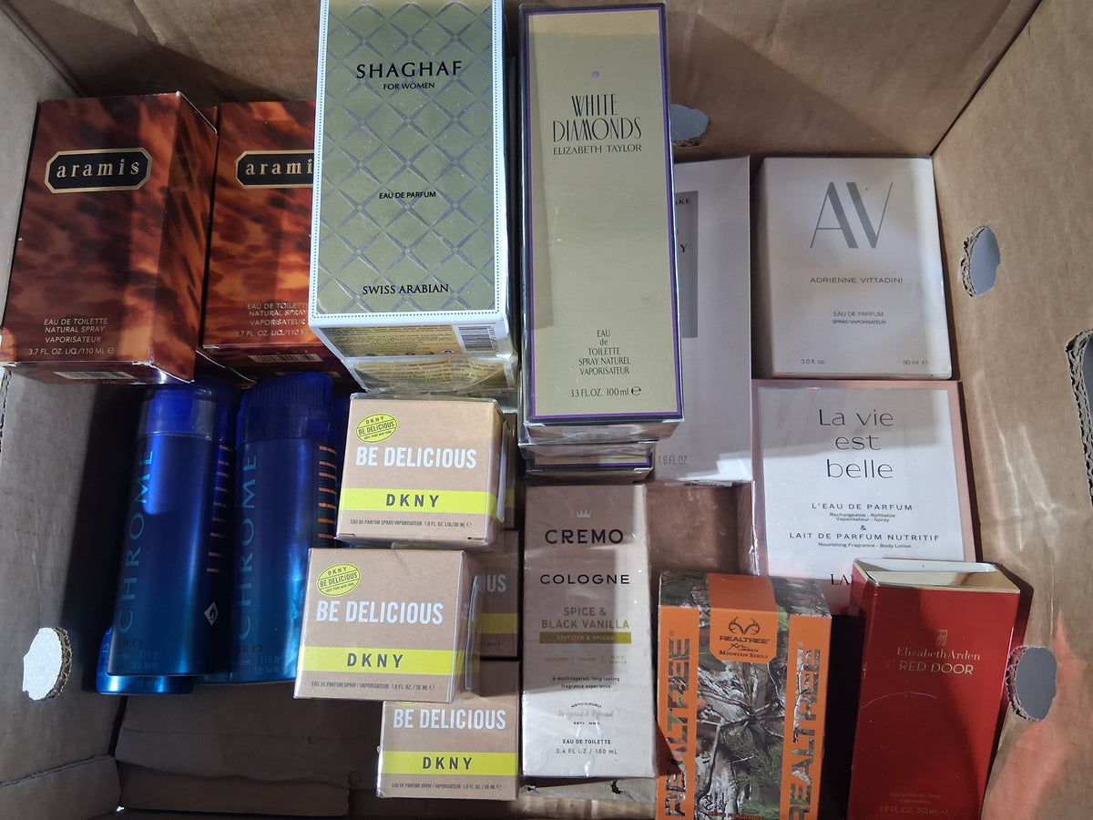 Prestige Fragrance Perfume, Cologne & Body Spray Mix Lot | La Vie Est Belle, Red Door, Cremo, White Diamonds Bulk Reseller Box (32 Pcs)