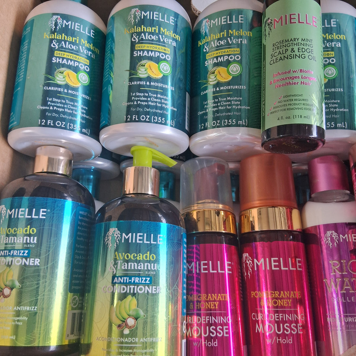 Mielle Organics Premium Hair Care Variety Mix Lot | Kalahari Melon, Babassu, Pomegranate & Honey Reseller Box with Scalp Massagers (49 Pcs)