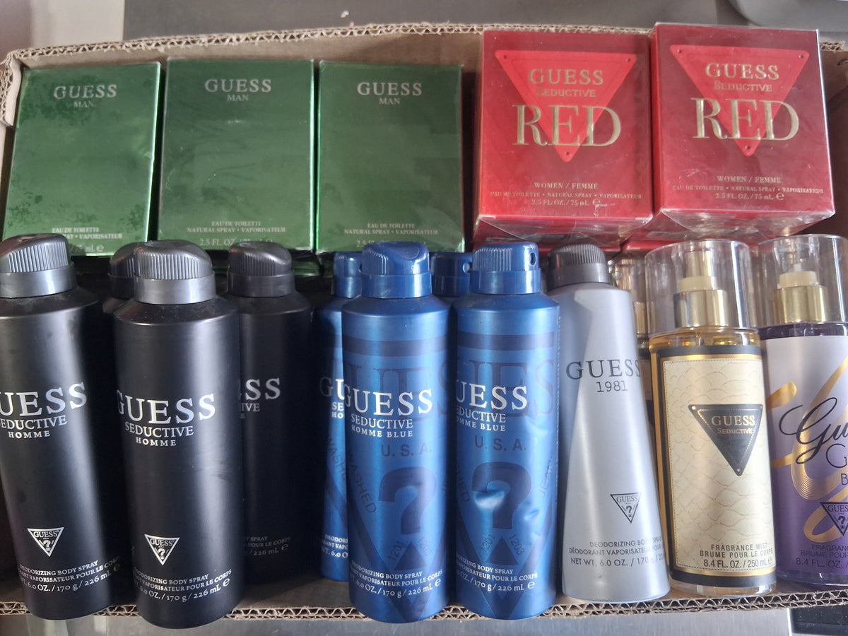 Guess Fragrance Body Spray & Mist Mix Lot | Guess Man & Guess Seductive Red Bulk Reseller Box (26 Pcs)