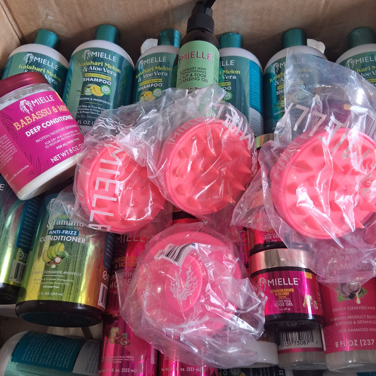 Mielle Organics Premium Hair Care Variety Mix Lot | Kalahari Melon, Babassu, Pomegranate & Honey Reseller Box with Scalp Massagers (49 Pcs)