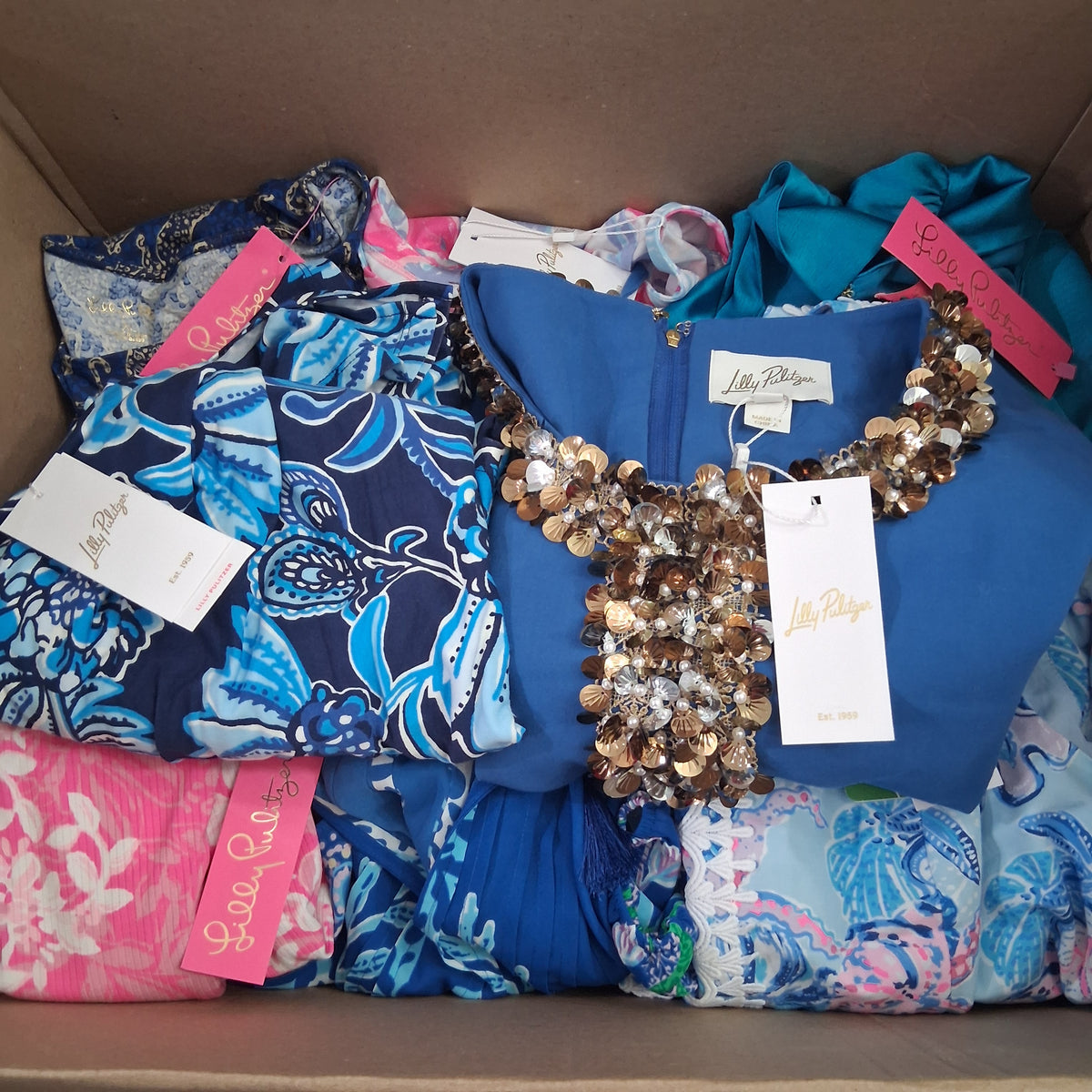Lilly Pulitzer Premium Resort Wear Mix Lot | Designer Floral Dresses & Tops Reseller Box, Size XL / 16 (8 Pcs)
