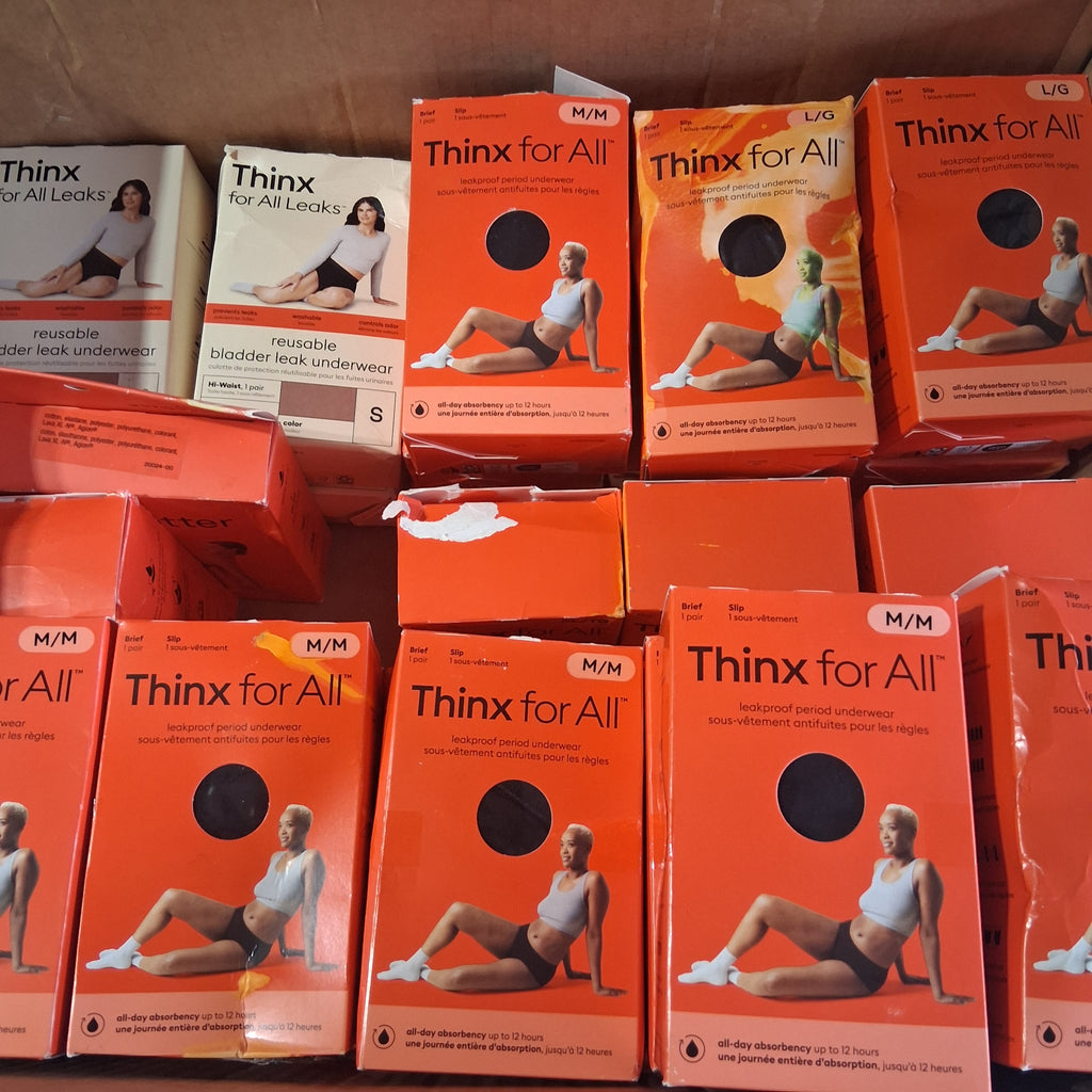 Thinx for All Period & Bladder Leak Underwear Bulk Reseller Lot | Eco-Friendly Care Box – Assorted Sizes (35 Pcs, Some Damaged Boxes)
