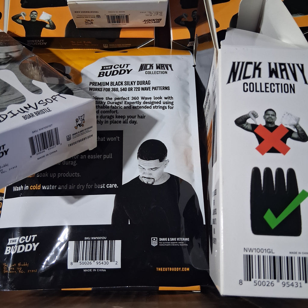 The Cut Buddy x Nick Wavy Collection Barber & Wave Mix Lot | Premium Wave Brush, Lay Down Gloves & Durags Bulk Reseller Box (23 Pcs)