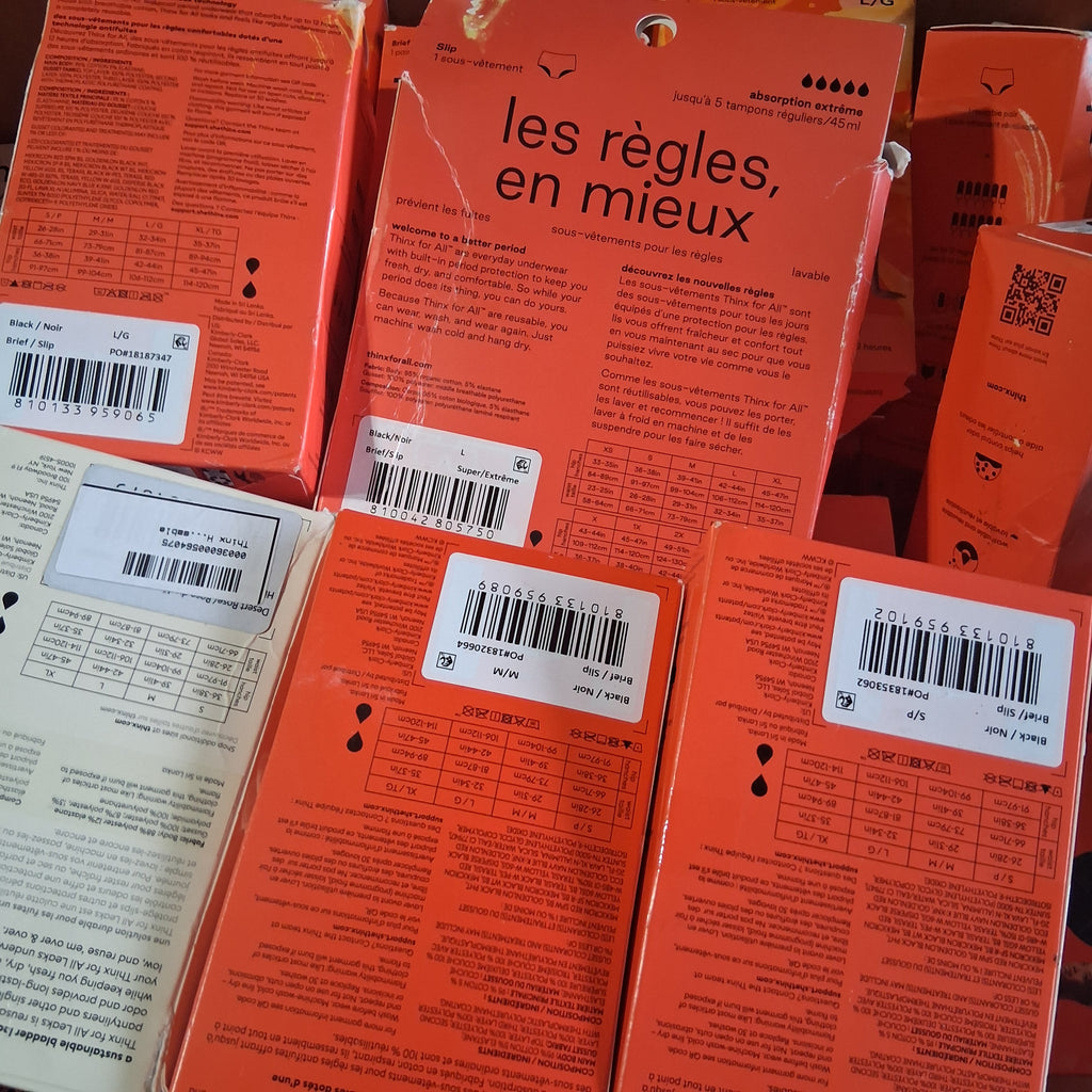 Thinx for All Period & Bladder Leak Underwear Bulk Reseller Lot | Eco-Friendly Care Box – Assorted Sizes (35 Pcs, Some Damaged Boxes)