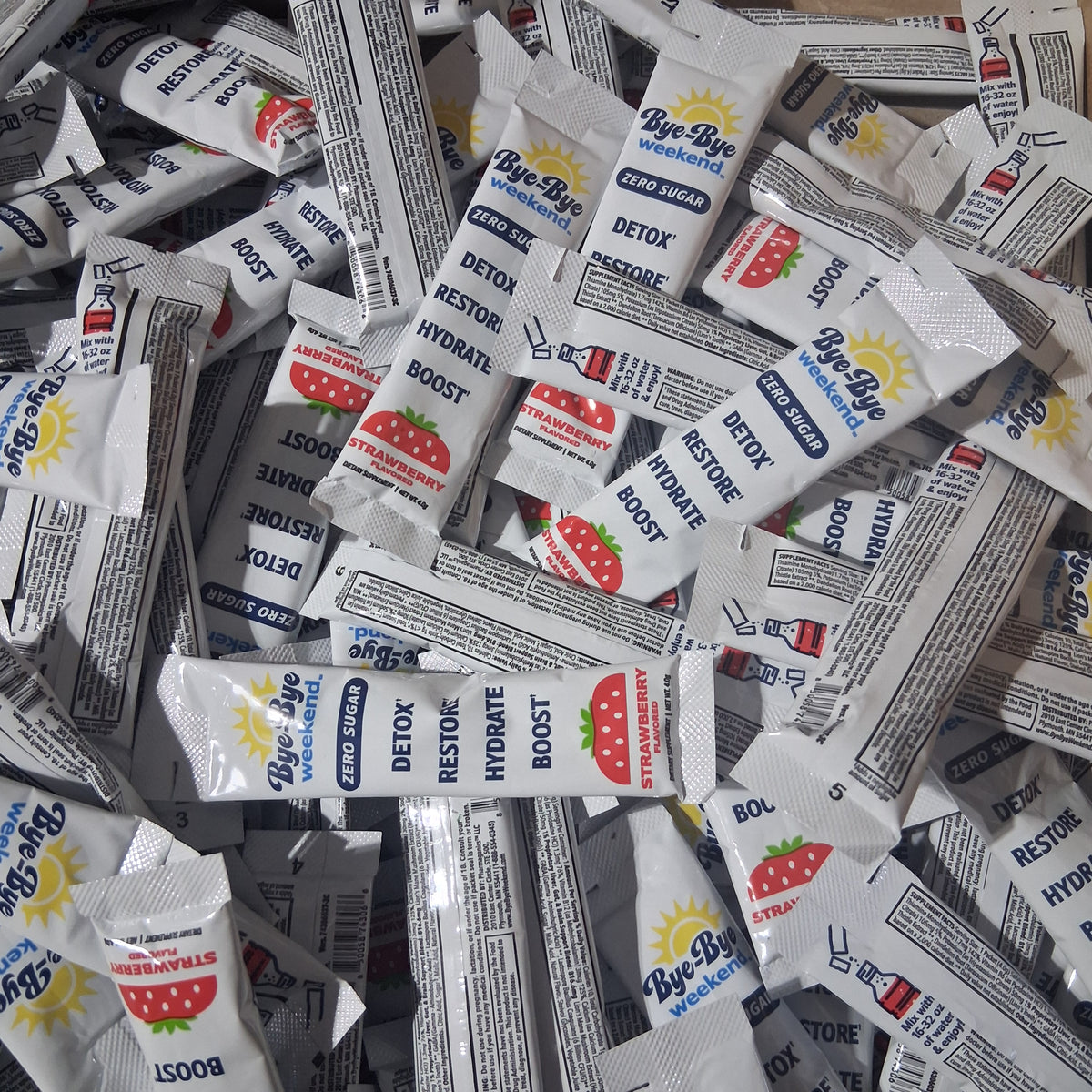 Bye-Bye Weekend Zero Sugar Strawberry Drink Mix | Individual Serving Packet Bulk Reseller Lot (200 Pcs) EXP 03/2027
